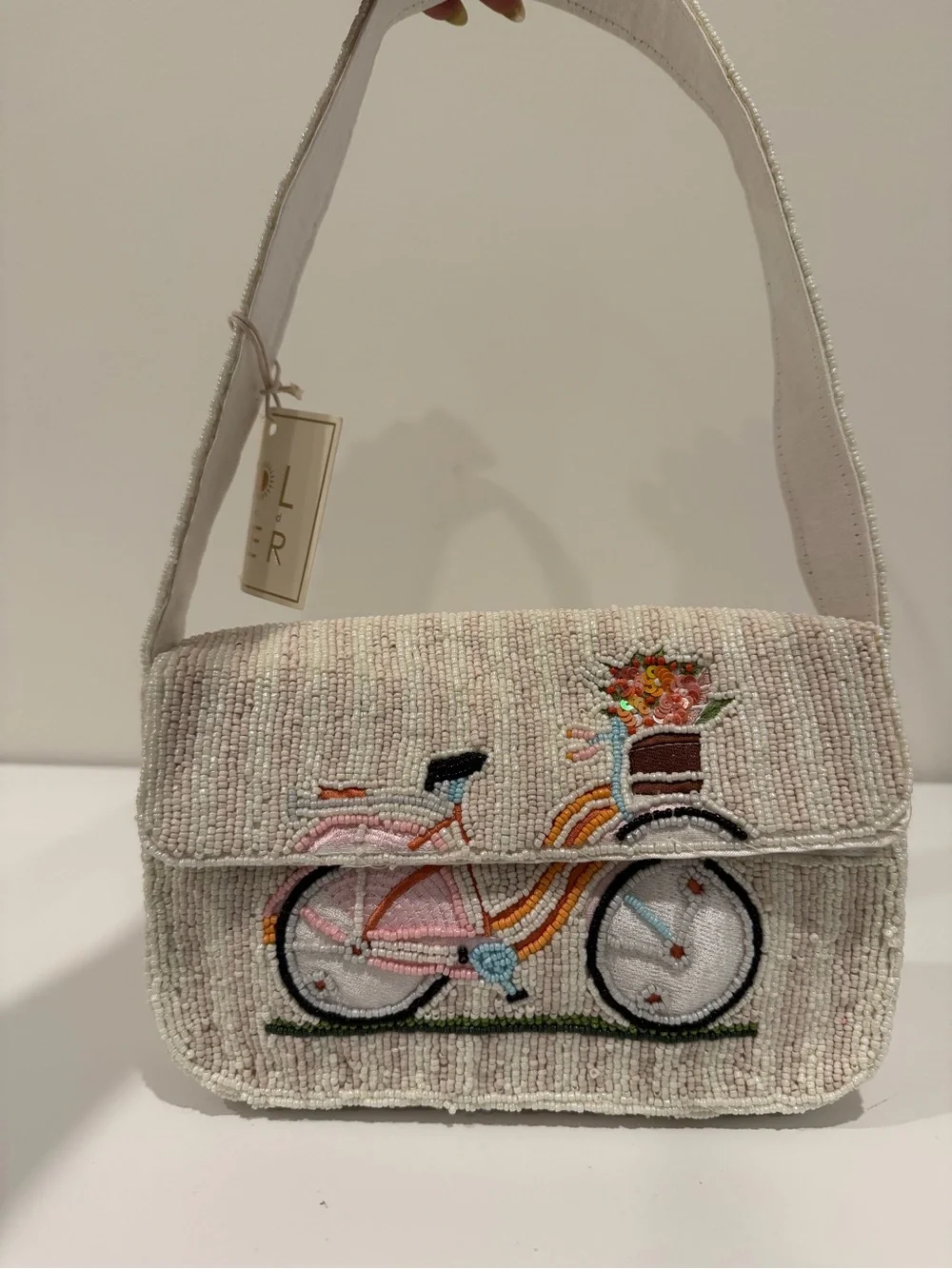 Beaded Bicycle Embroidered Crossbody Bag in Cream -